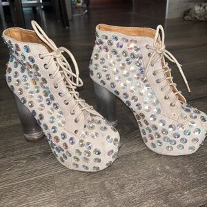 Jeffrey Campbell Litas bedazzled cream suede lucite heel size 8